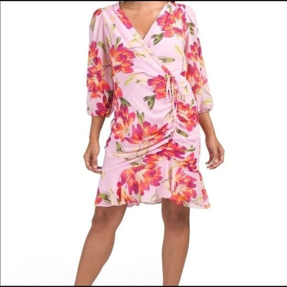 NEW Julia Jordan V-neck Floral Ruched Midi Dress Pink 12 - Picture 1 of 3
